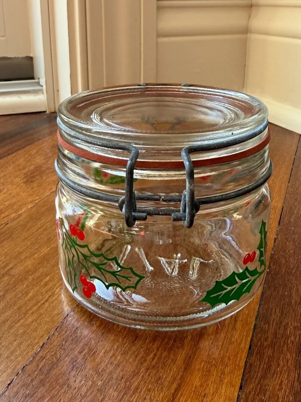 Vintage Glass Hinged Holly / Berries Christmas 1/4 liter Glass Jar